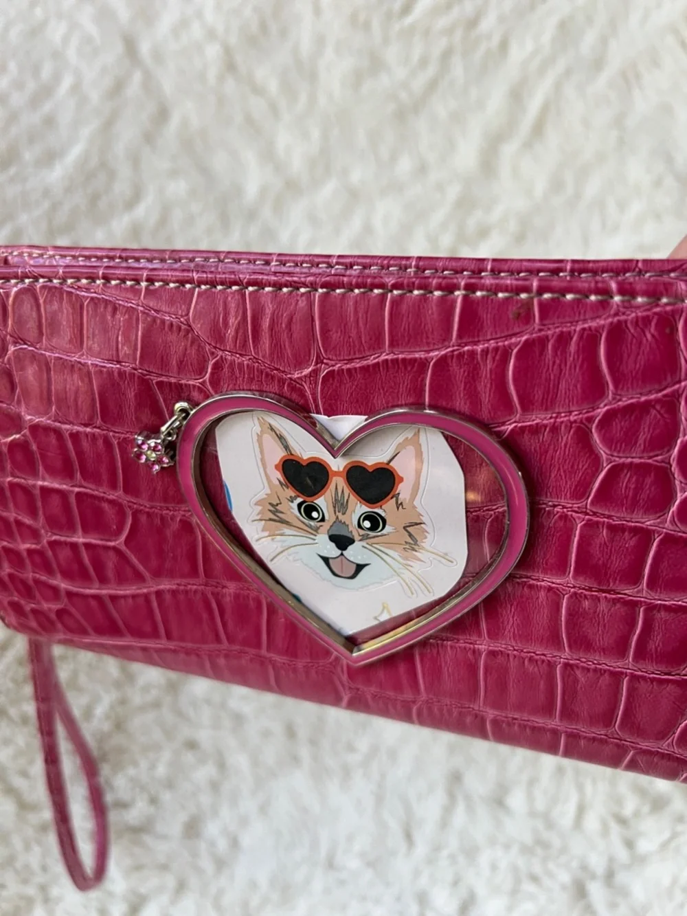 Liz Claiborne Faux Croc Pink Heart Photo Holder Clutch Purse Wallet Wristlet